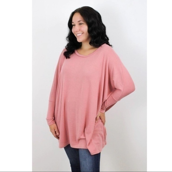 Tops - Oversized Long Sleeve Round Neck Top - Rose